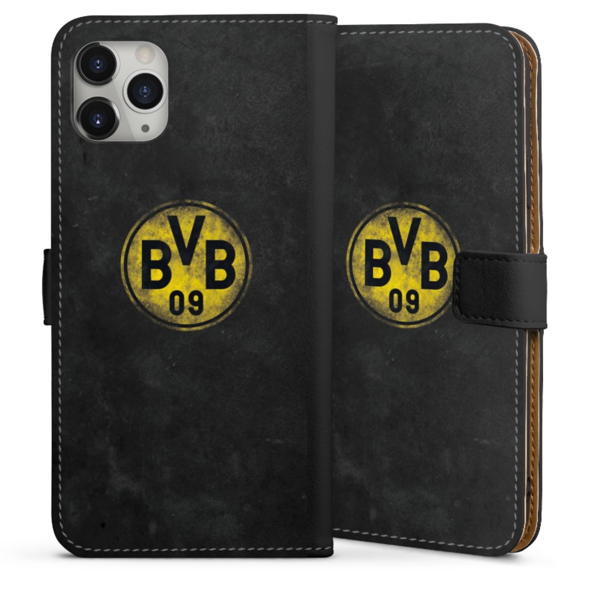 iPhone 11 Pro Max Handy Klapphülle Handyhülle aus Kunst Leder schwarz Flip Case Borussia Dortmund Bvb Merchandise Sideflip mit langer Lasche