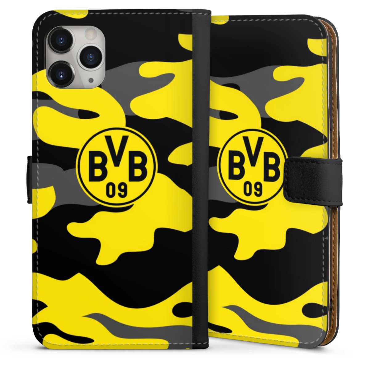 iPhone 11 Pro Max Handy Klapphülle Handyhülle aus Kunst Leder schwarz Flip Case Merchandise Borussia Dortmund Bvb Sideflip mit langer Lasche
