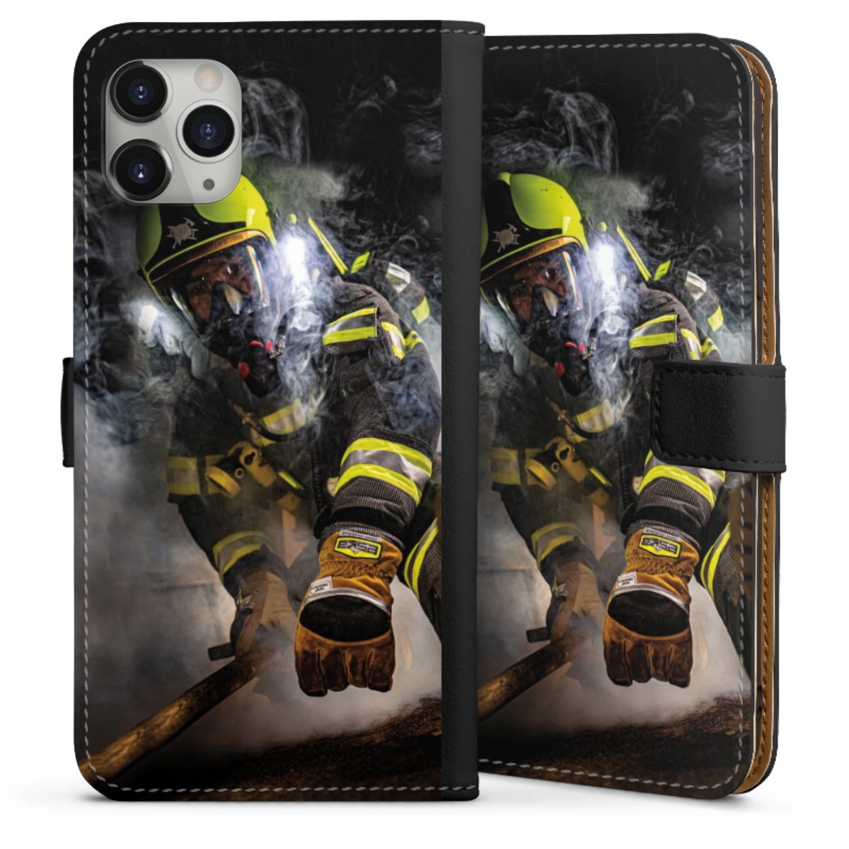 iPhone 11 Pro Max Handy Klapphülle Handyhülle aus Kunst Leder schwarz Flip Case Fire Fire Fighter Fire Fighters Sideflip mit langer Lasche