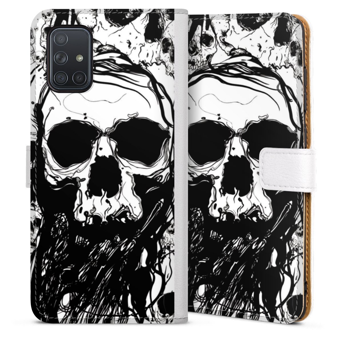 Galaxy A71 Handy Klapphülle Handyhülle aus Kunst Leder weiß Flip Case Halloween Totenkopf Skulls Sideflip mit Lasche