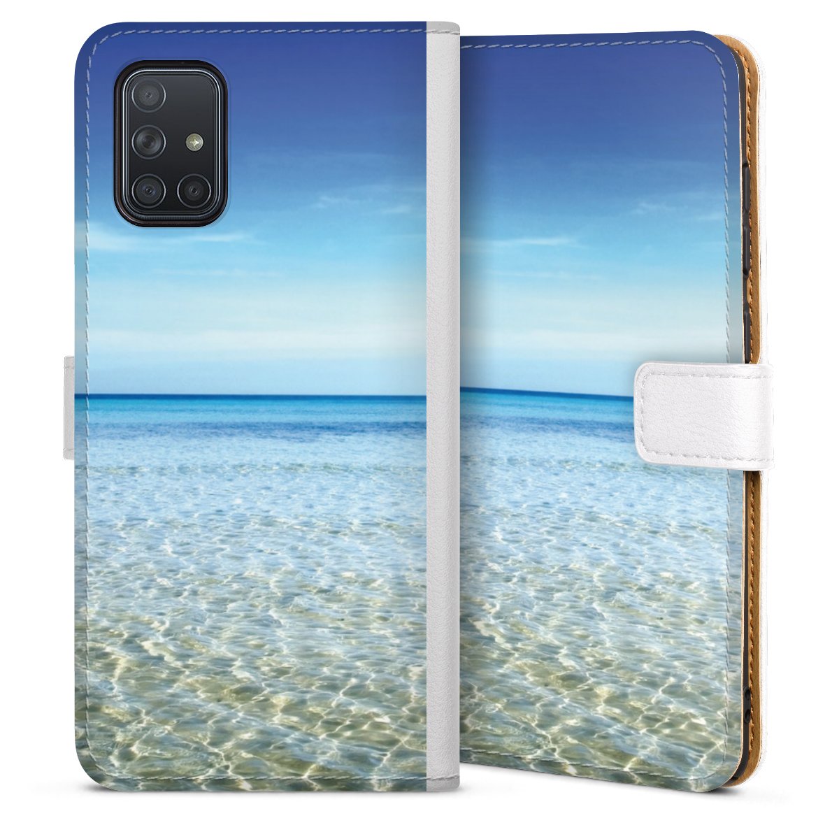 Galaxy A71 Handy Klapphülle Handyhülle aus Kunst Leder weiß Flip Case Urlaub Ocean Sky Sideflip mit Lasche
