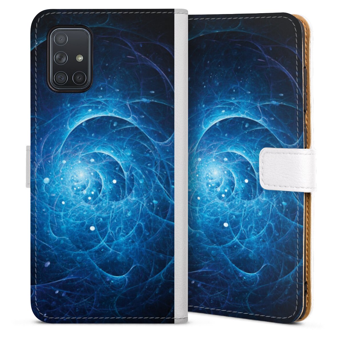 Galaxy A71 Handy Klapphülle Handyhülle aus Kunst Leder weiß Flip Case Weltraum Galaxy Weltall Sideflip mit Lasche