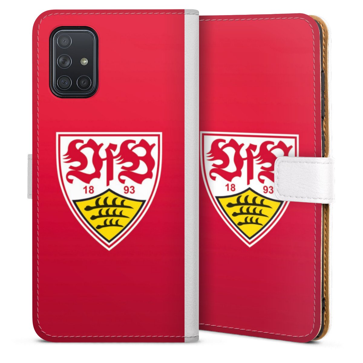 Galaxy A71 Handy Klapphülle Handyhülle aus Kunst Leder weiß Flip Case Official Licensed Product Logo Vfb Stuttgart Sideflip mit Lasche