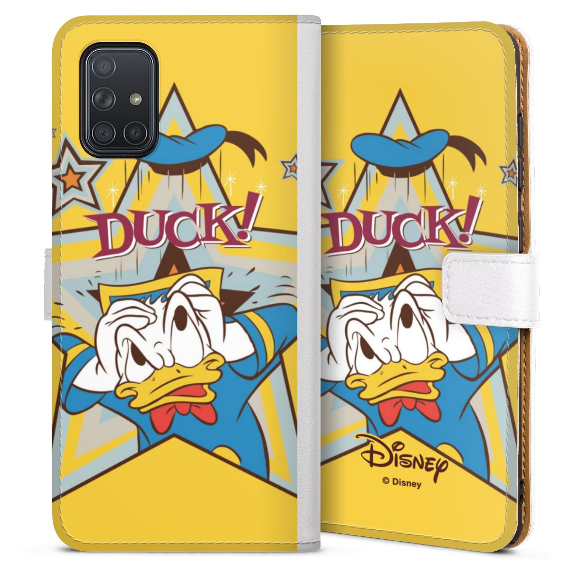 Galaxy A71 Handy Klapphülle Handyhülle aus Kunst Leder weiß Flip Case Donald Duck Official Licensed Product Disney Sideflip mit Lasche