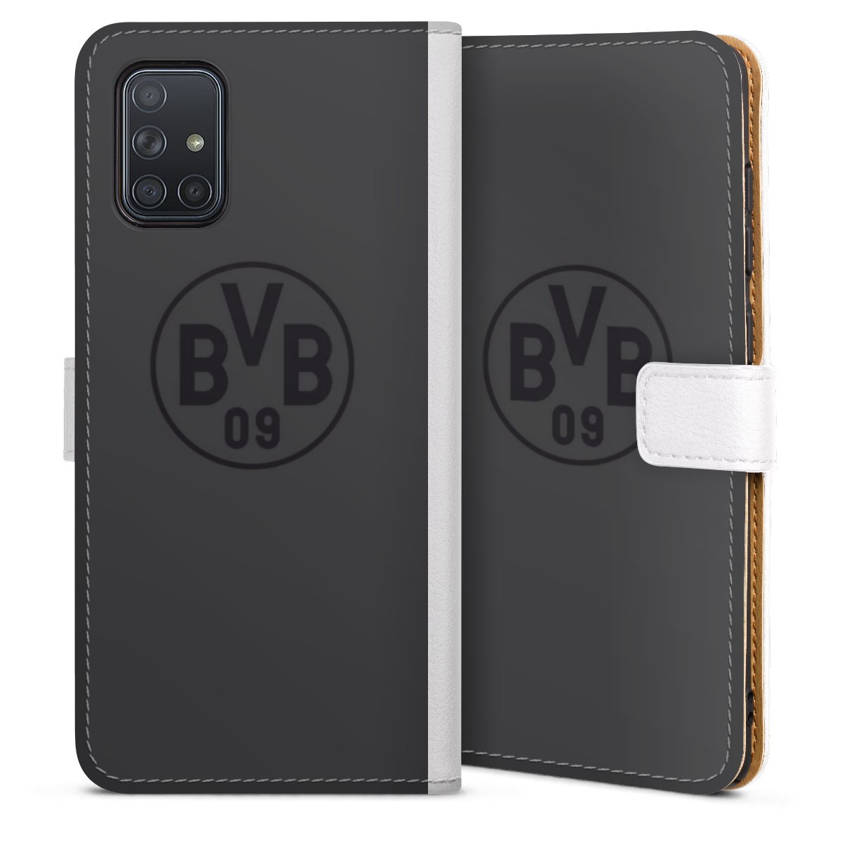 Galaxy A71 Handy Klapphülle Handyhülle aus Kunst Leder weiß Flip Case Borussia Dortmund Bvb Logo Sideflip mit Lasche