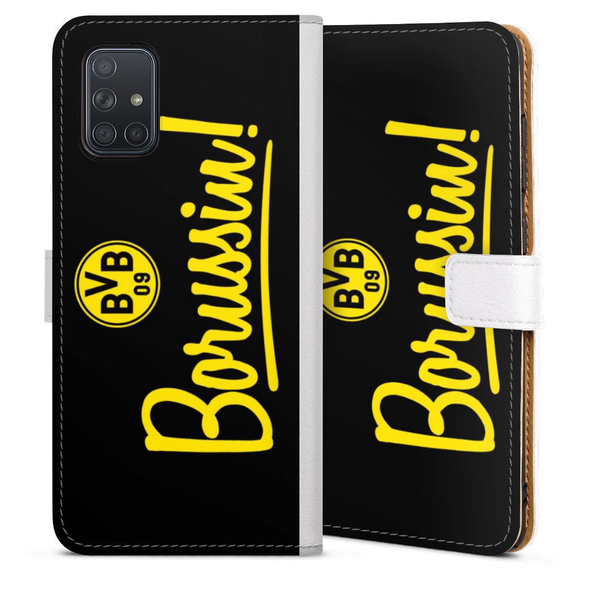 Galaxy A71 Handy Klapphülle Handyhülle aus Kunst Leder weiß Flip Case Borussia Dortmund Bvb Soccer Sideflip mit Lasche