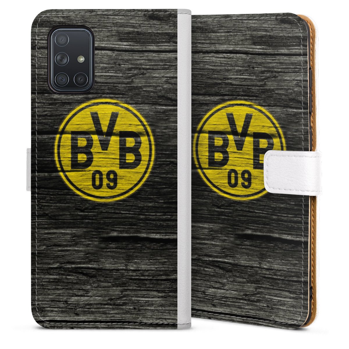 Galaxy A71 Handy Klapphülle Handyhülle aus Kunst Leder weiß Flip Case Wooden Look Borussia Dortmund Bvb Sideflip mit Lasche