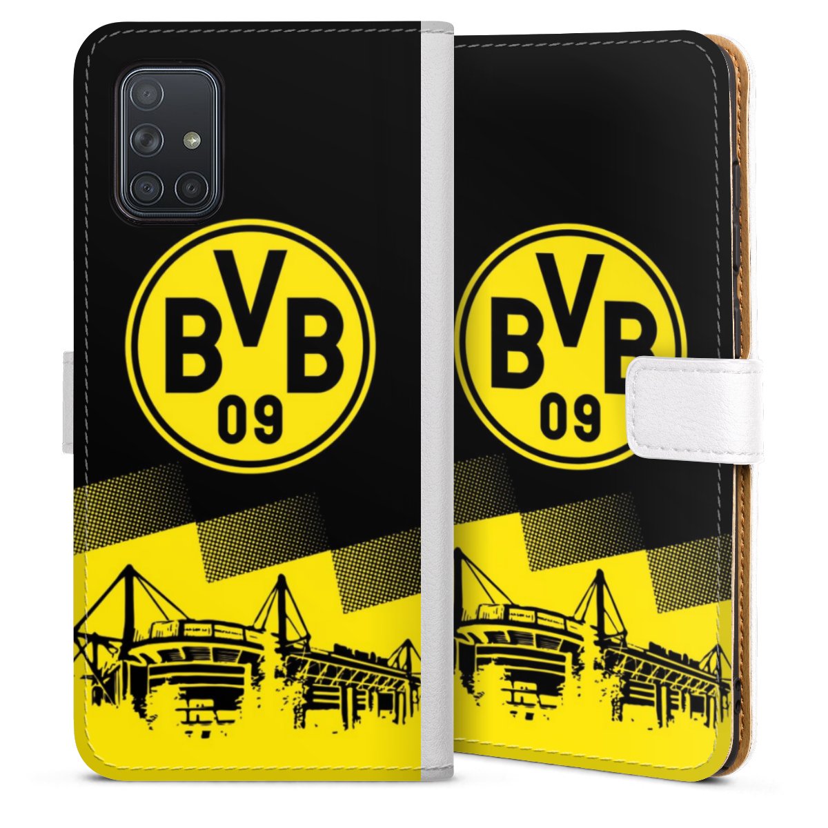 Galaxy A71 Handy Klapphülle Handyhülle aus Kunst Leder weiß Flip Case Bvb Stadium Borussia Dortmund Sideflip mit Lasche
