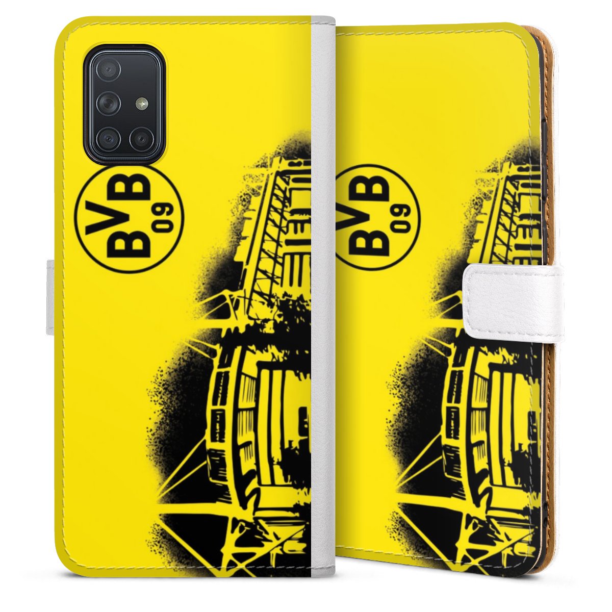 Galaxy A71 Handy Klapphülle Handyhülle aus Kunst Leder weiß Flip Case Stadium Bvb Borussia Dortmund Sideflip mit Lasche