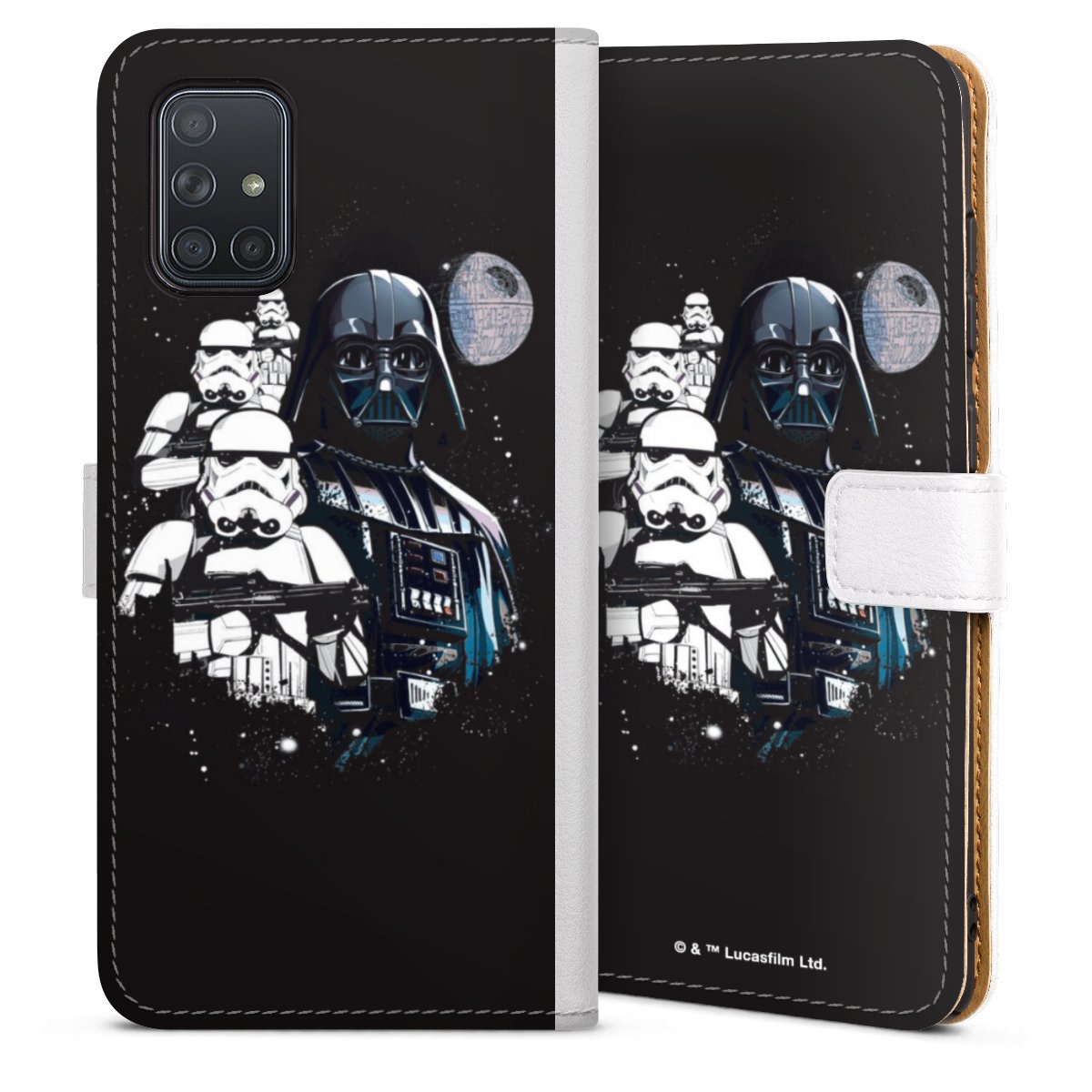Galaxy A71 Handy Klapphülle Handyhülle aus Kunst Leder weiß Flip Case Star Wars Movie Weltall Sideflip mit Lasche