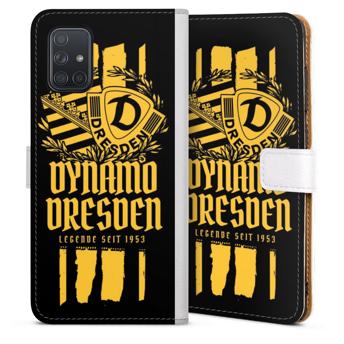 Galaxy A71 Handy Klapphülle Handyhülle aus Kunst Leder weiß Flip Case Sgd Statement Sg Dynamo Dresden Sideflip mit Lasche