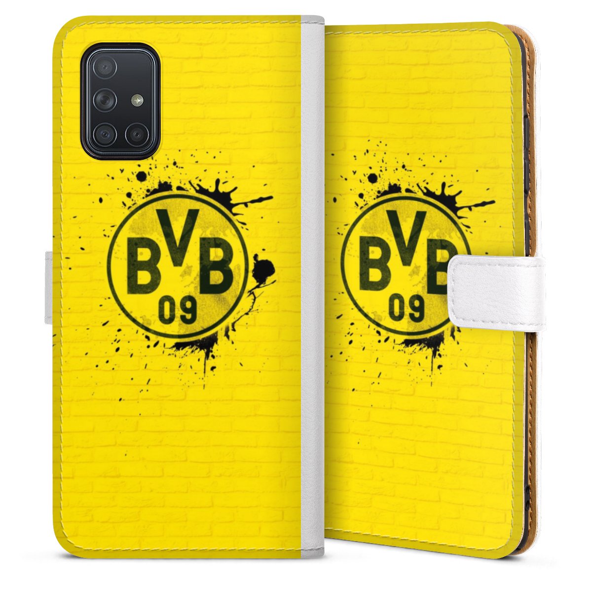 Galaxy A71 Handy Klapphülle Handyhülle aus Kunst Leder weiß Flip Case Bvb Official Licensed Product Borussia Dortmund Sideflip mit Lasche