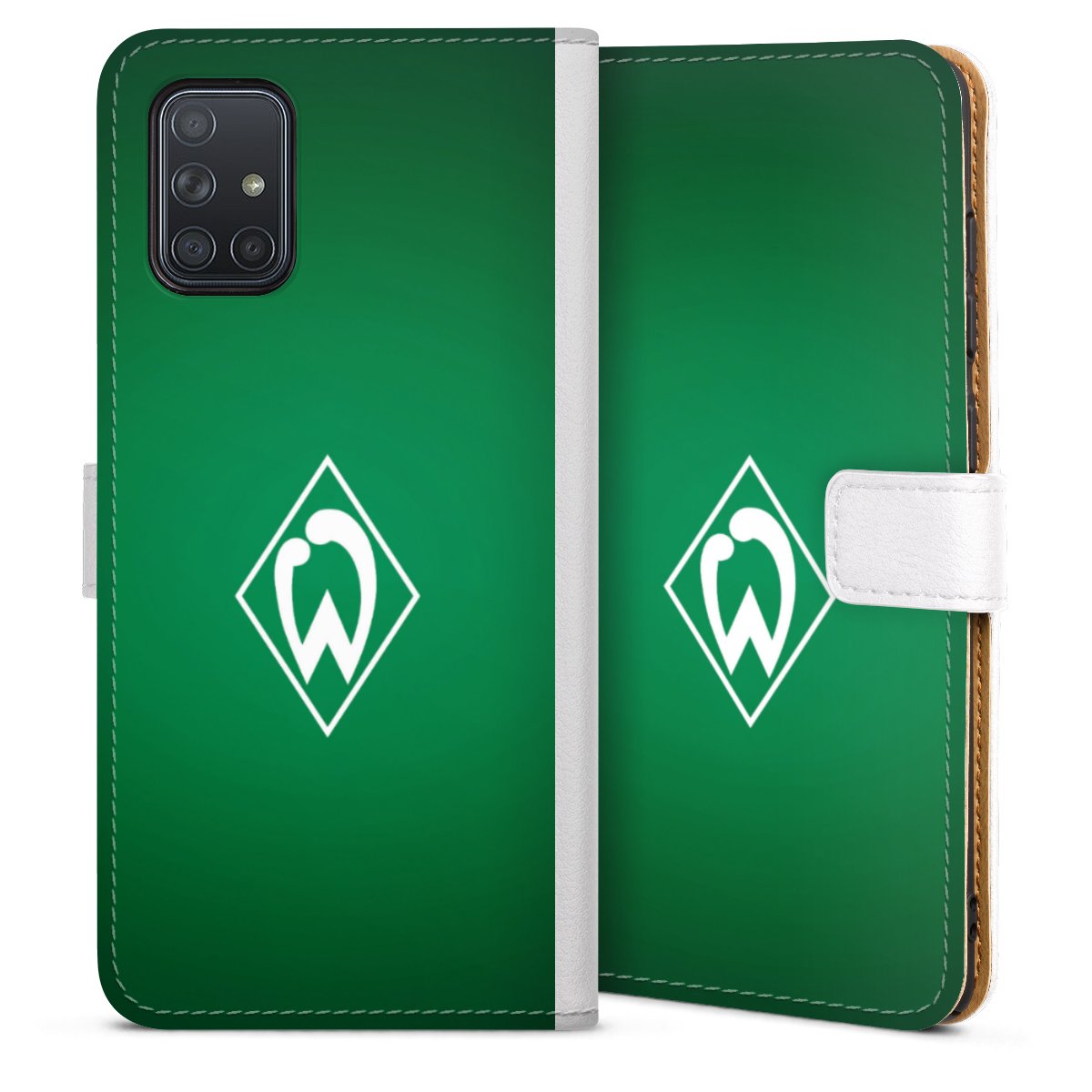 Galaxy A71 Handy Klapphülle Handyhülle aus Kunst Leder weiß Flip Case Logo Merchandise Sv Werder Bremen Sideflip mit Lasche