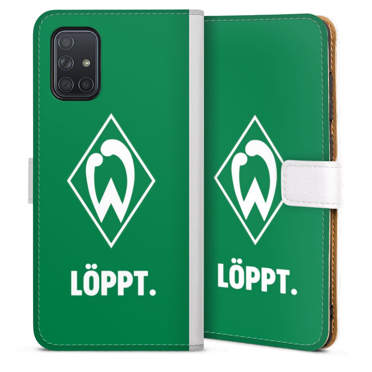 Galaxy A71 Handy Klapphülle Handyhülle aus Kunst Leder weiß Flip Case Official Licensed Product Statement Sv Werder Bremen Sideflip mit Lasche