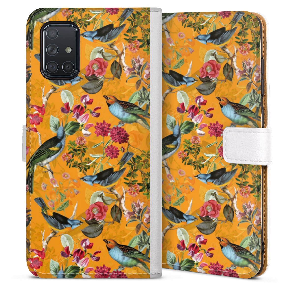 Galaxy A71 Handy Klapphülle Handyhülle aus Kunst Leder weiß Flip Case Flowers Jungle Bird Sideflip mit Lasche