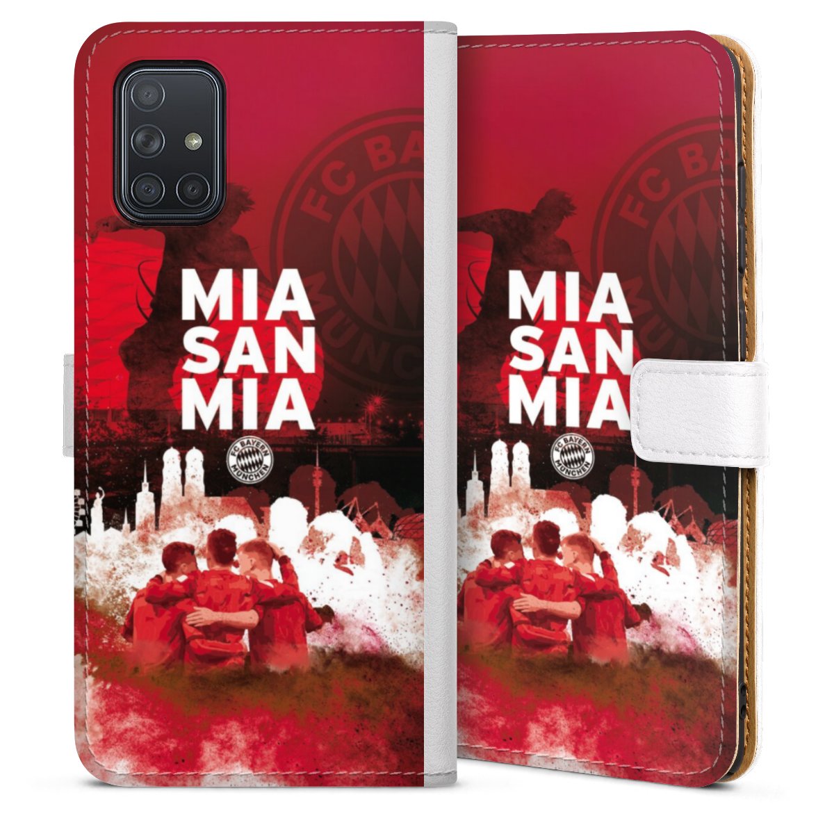 Galaxy A71 Handy Klapphülle Handyhülle aus Kunst Leder weiß Flip Case Fc Bayern München Fcb Mia San Mia Sideflip mit Lasche