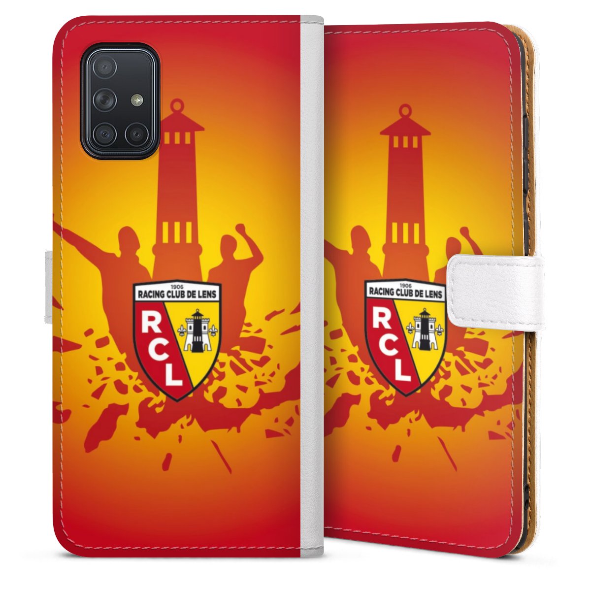Galaxy A71 Handy Klapphülle Handyhülle aus Kunst Leder weiß Flip Case Merchandise Rc Lens Coat Of Arms Sideflip mit Lasche