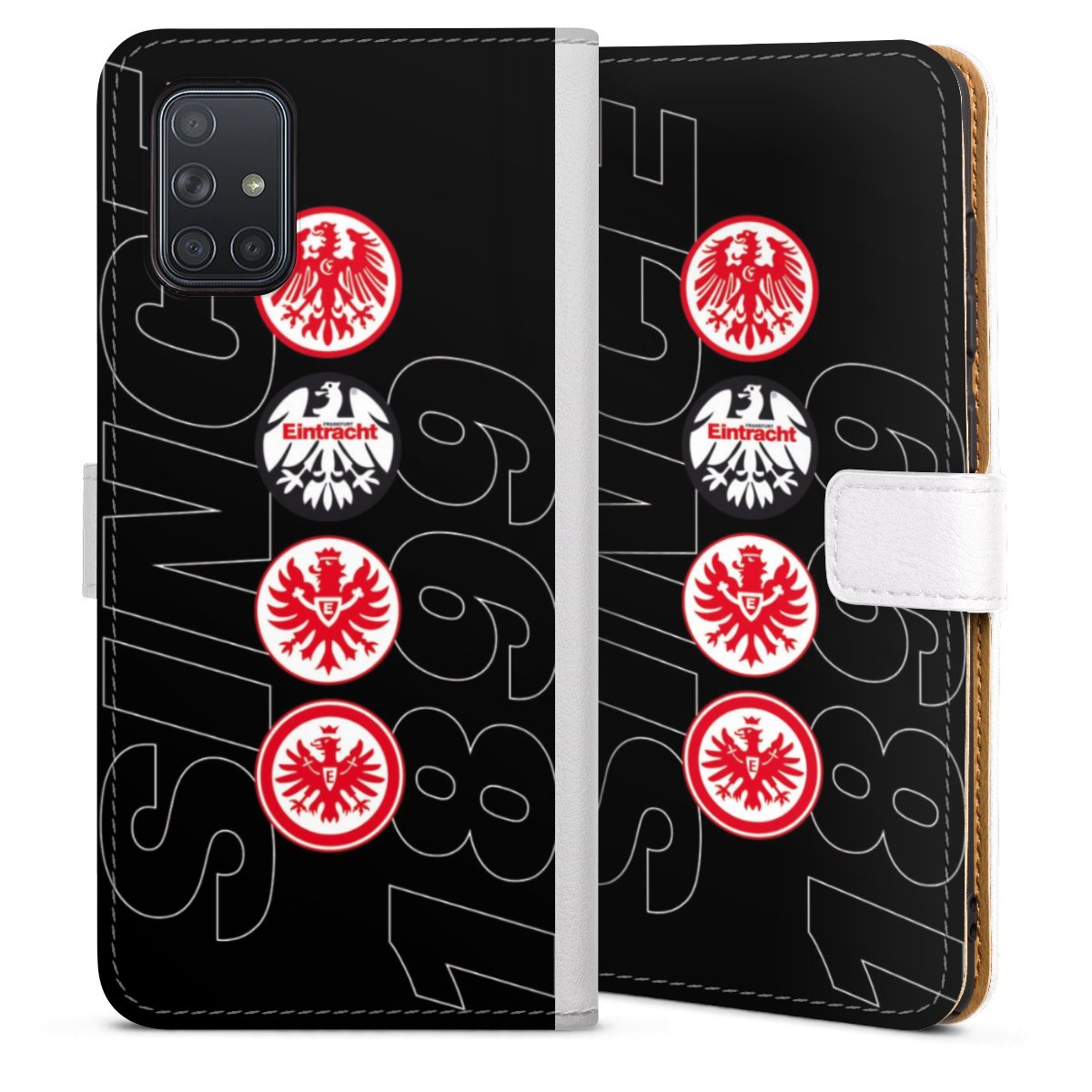 Galaxy A71 Handy Klapphülle Handyhülle aus Kunst Leder weiß Flip Case Eagle Logo Eintracht Frankfurt Sideflip mit Lasche