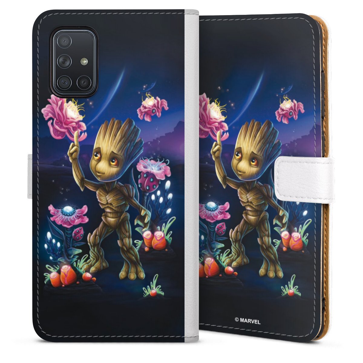 Galaxy A71 Handy Klapphülle Handyhülle aus Kunst Leder weiß Flip Case Guardians Of The Galaxy Baby Groot Marvel Sideflip mit Lasche