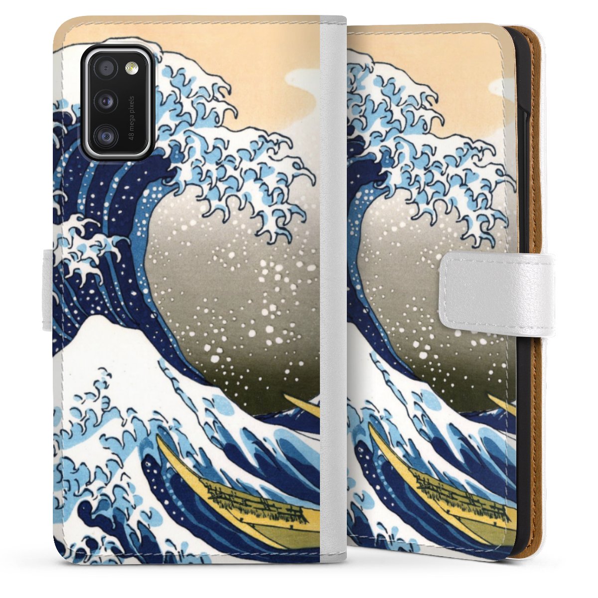 Galaxy A41 Handy Klapphülle Handyhülle aus Kunst Leder weiß Flip Case Die Große Welle Vor Kanagawa Kunst Katsushika Hokusai Sideflip mit Lasche