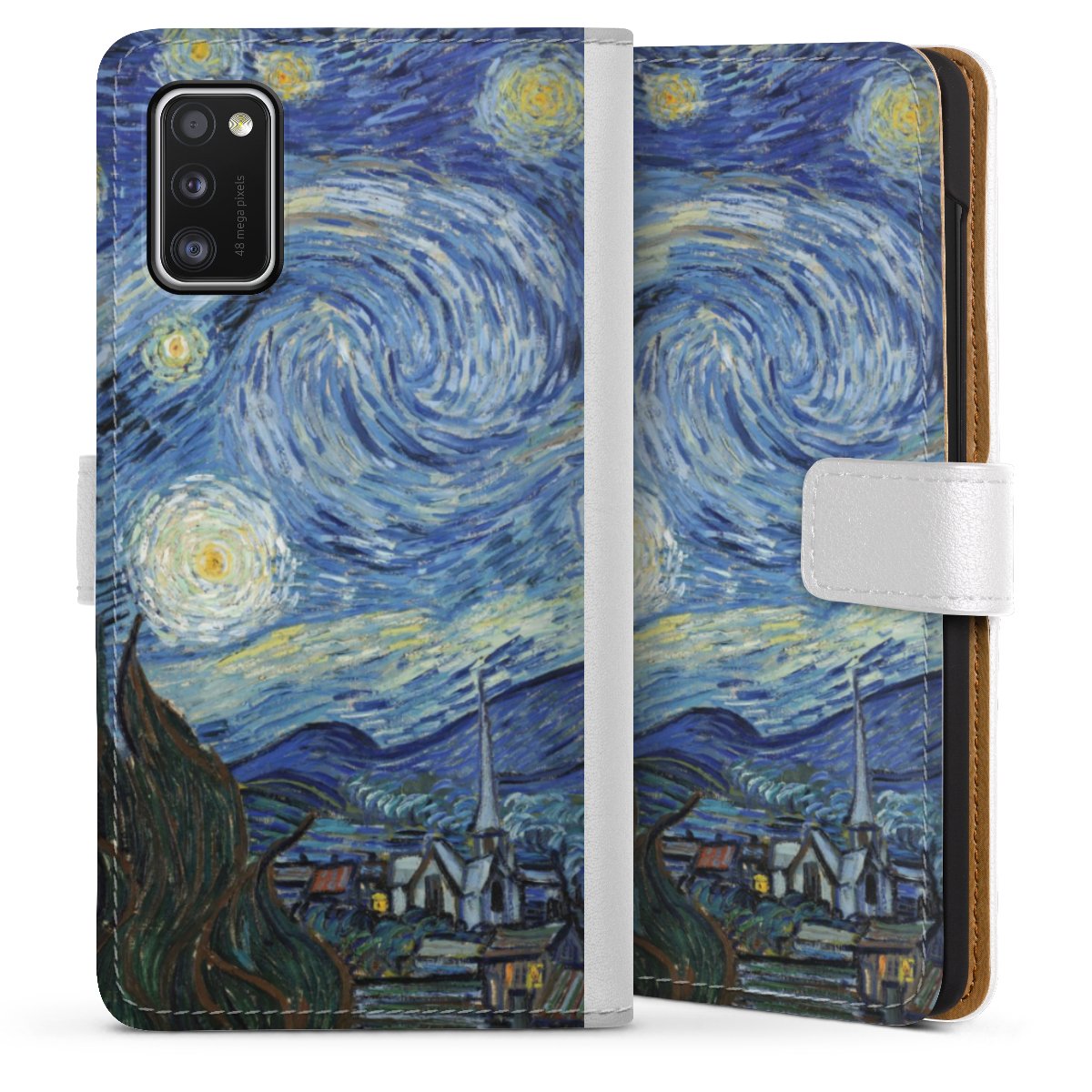 Galaxy A41 Handy Klapphülle Handyhülle aus Kunst Leder weiß Flip Case Vincent Van Gogh The Starry Night Kunst Sideflip mit Lasche