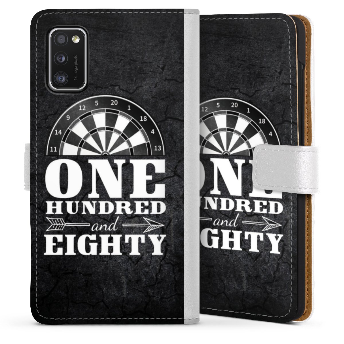Galaxy A41 Handy Klapphülle Handyhülle aus Kunst Leder weiß Flip Case Spruch Darts Sports Sideflip mit Lasche