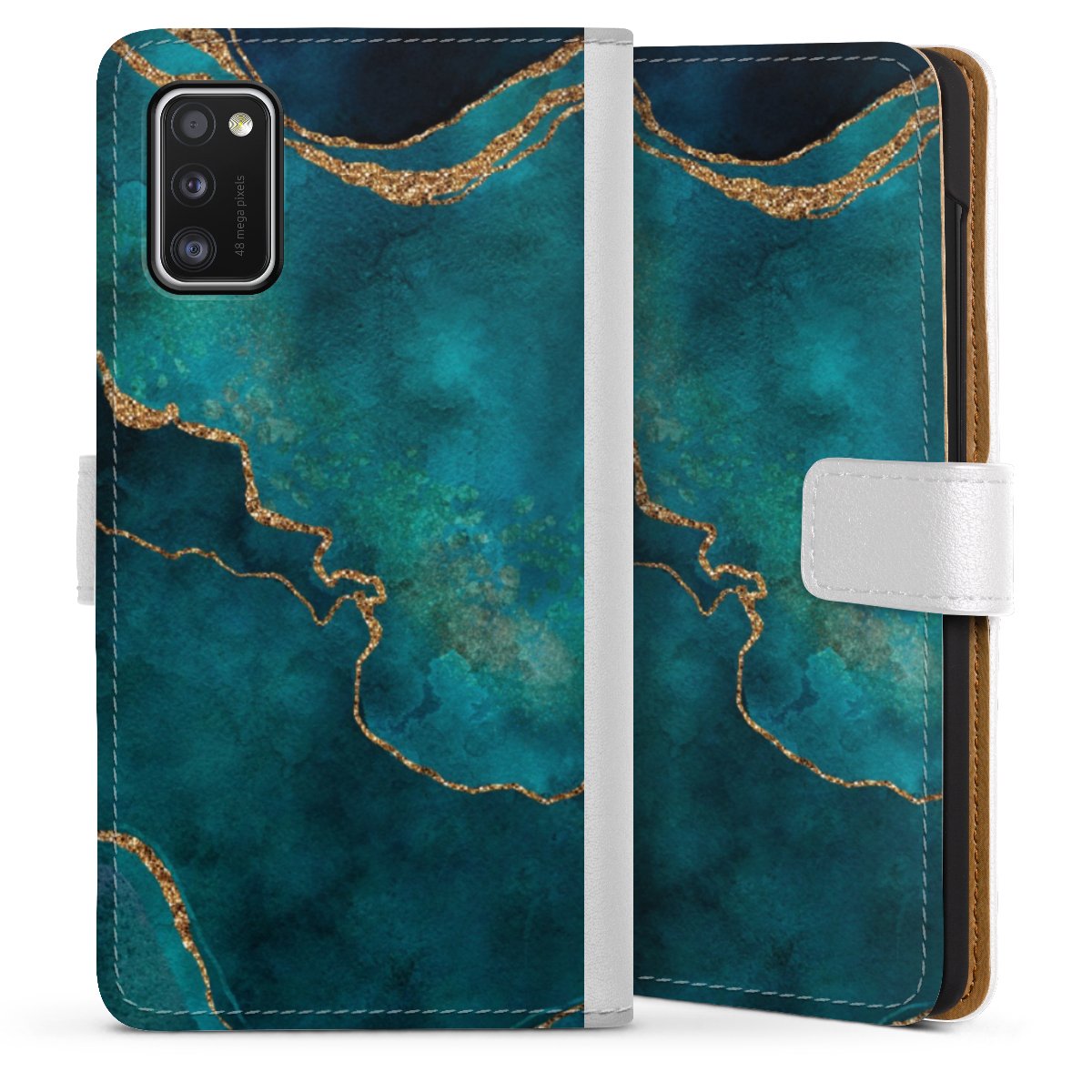 Galaxy A41 Handy Klapphülle Handyhülle aus Kunst Leder weiß Flip Case Kunst Glitzer Marble Sideflip mit Lasche