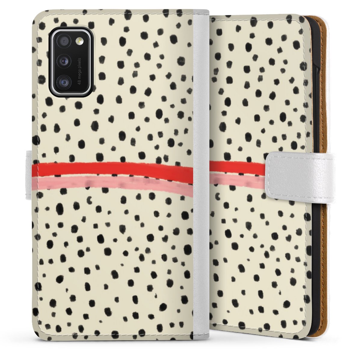 Galaxy A41 Handy Klapphülle Handyhülle aus Kunst Leder weiß Flip Case Stripes Points Kunst Sideflip mit Lasche