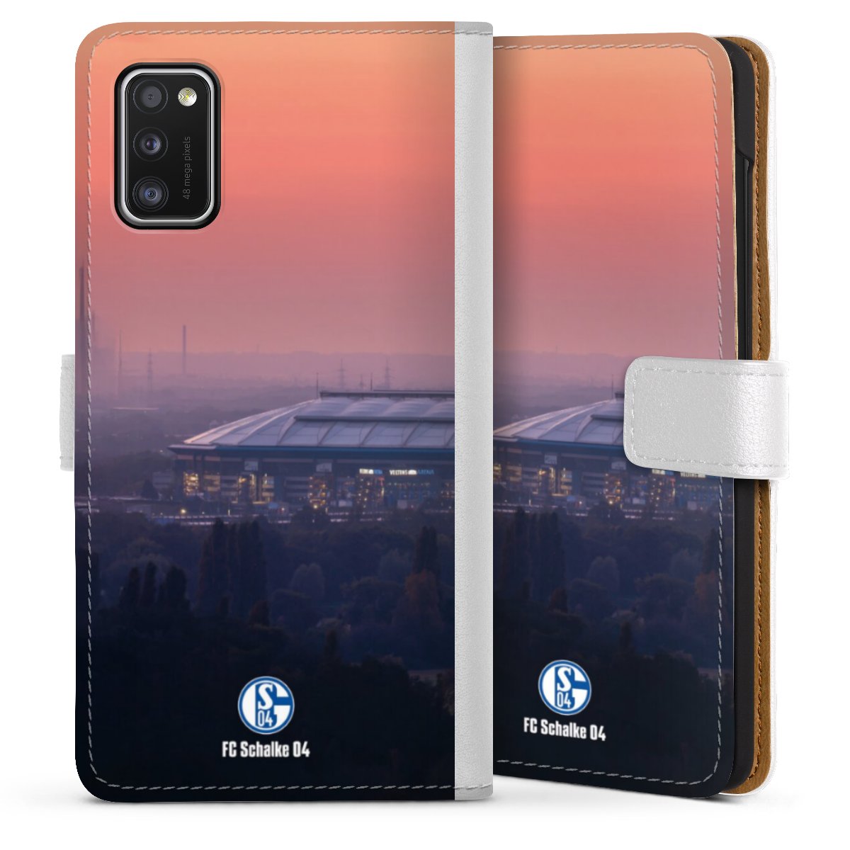 Galaxy A41 Handy Klapphülle Handyhülle aus Kunst Leder weiß Flip Case Schalke 04 Fc Schalke 04 Stadium Sideflip mit Lasche