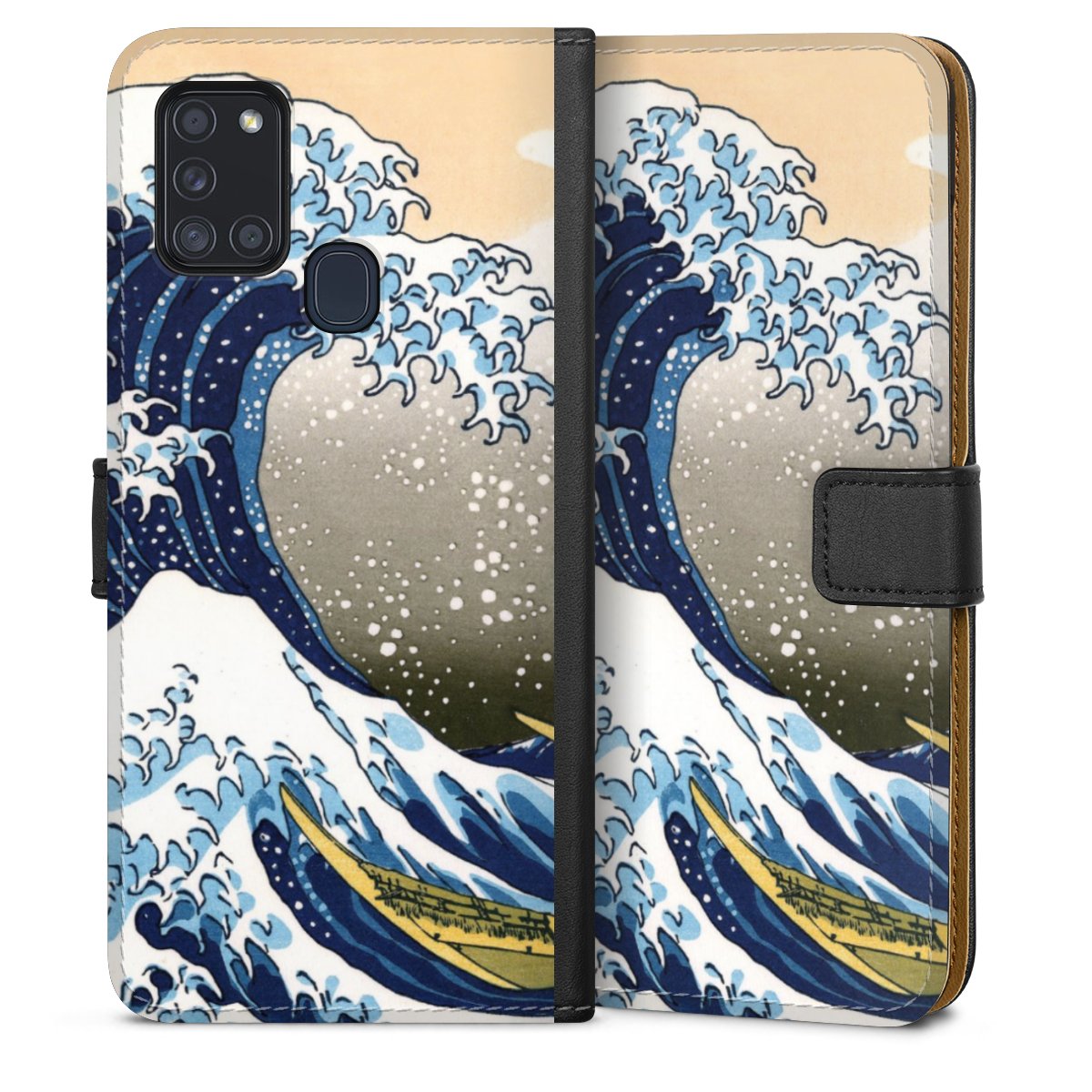 Galaxy A21s Handy Klapphülle Handyhülle aus Kunst Leder schwarz Flip Case Katsushika Hokusai Kunst Die Große Welle Vor Kanagawa Sideflip mit langer Lasche
