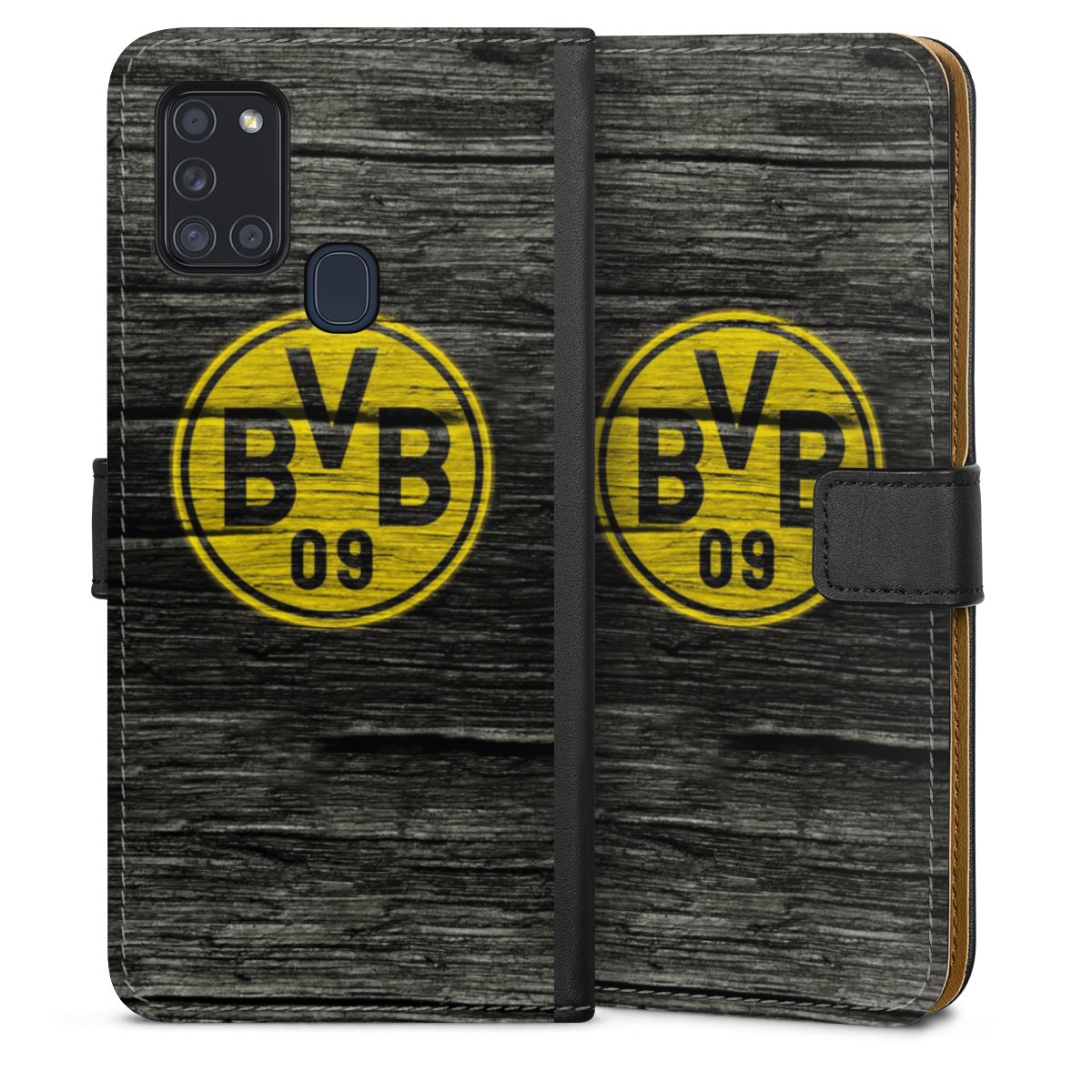 Galaxy A21s Handy Klapphülle Handyhülle aus Kunst Leder schwarz Flip Case Wooden Look Borussia Dortmund Bvb Sideflip mit langer Lasche