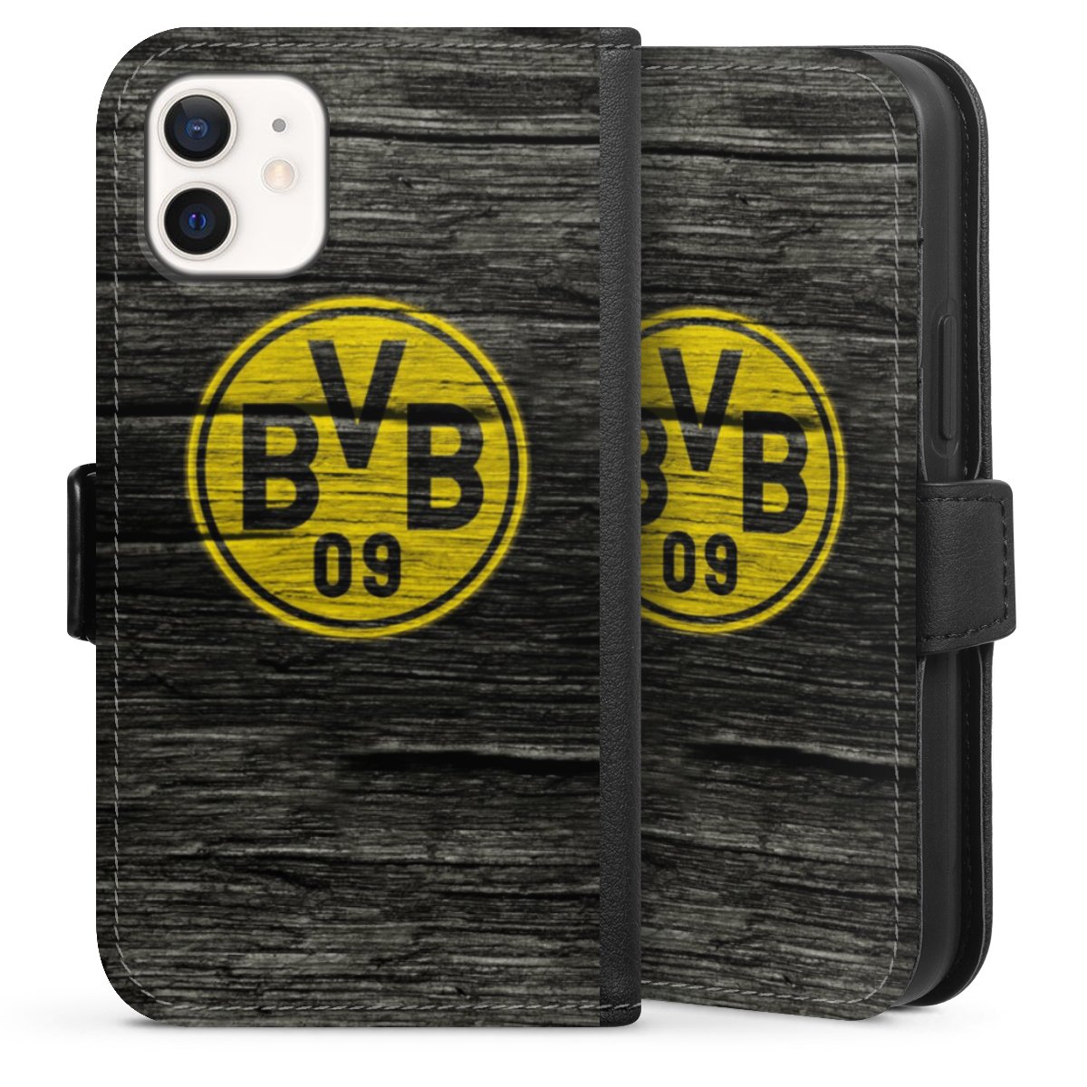 iPhone 12 mini Handy Klapphülle Handyhülle aus Kunst Leder schwarz Flip Case Wooden Look Borussia Dortmund Bvb Sideflip mit Lasche