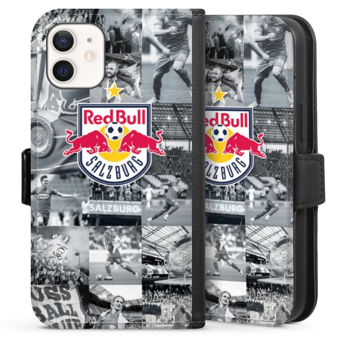 iPhone 12 mini Handy Klapphülle Handyhülle aus Kunst Leder schwarz Flip Case Fc Red Bull Salzburg Salzburg Red Bull Sideflip mit Lasche