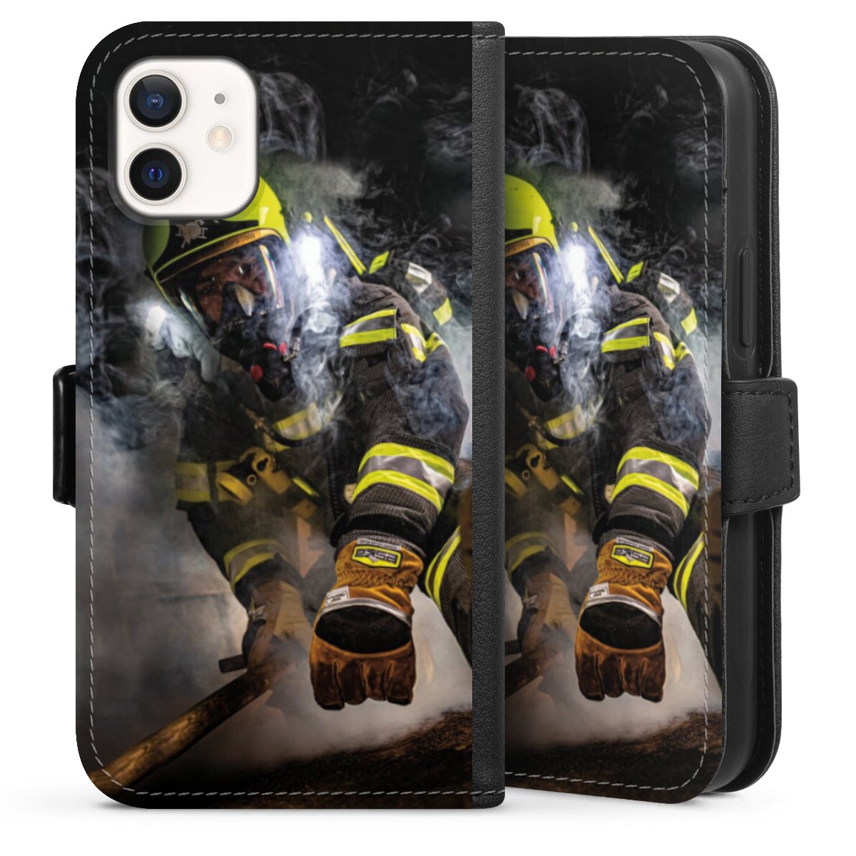 iPhone 12 mini Handy Klapphülle Handyhülle aus Kunst Leder schwarz Flip Case Fire Fire Fighter Fire Fighters Sideflip mit Lasche
