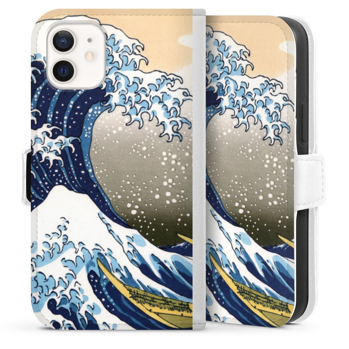 iPhone 12 mini Handy Klapphülle Handyhülle aus Kunst Leder weiß Flip Case Katsushika Hokusai Kunst Die Große Welle Vor Kanagawa Sideflip mit Lasche