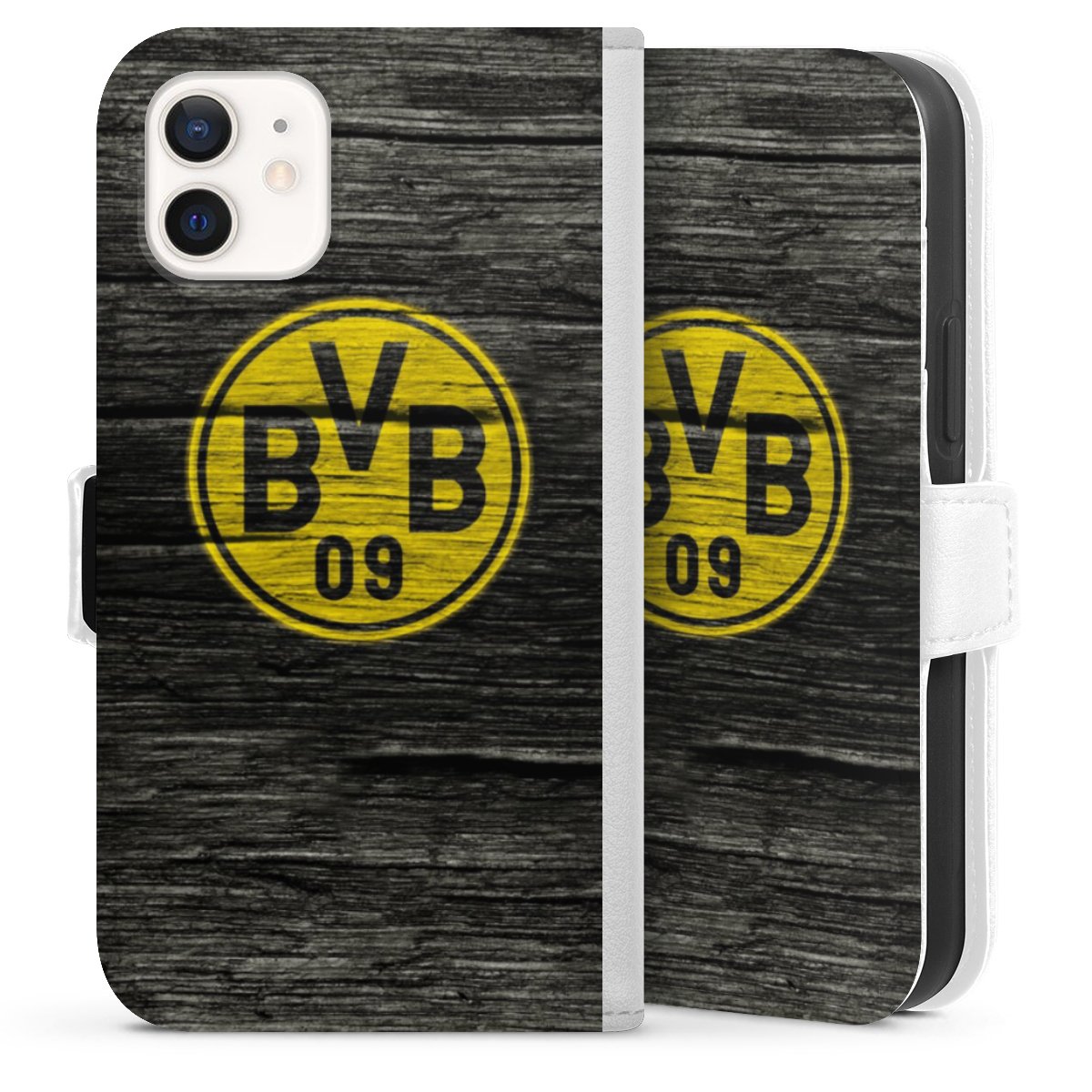 iPhone 12 mini Handy Klapphülle Handyhülle aus Kunst Leder weiß Flip Case Wooden Look Borussia Dortmund Bvb Sideflip mit Lasche