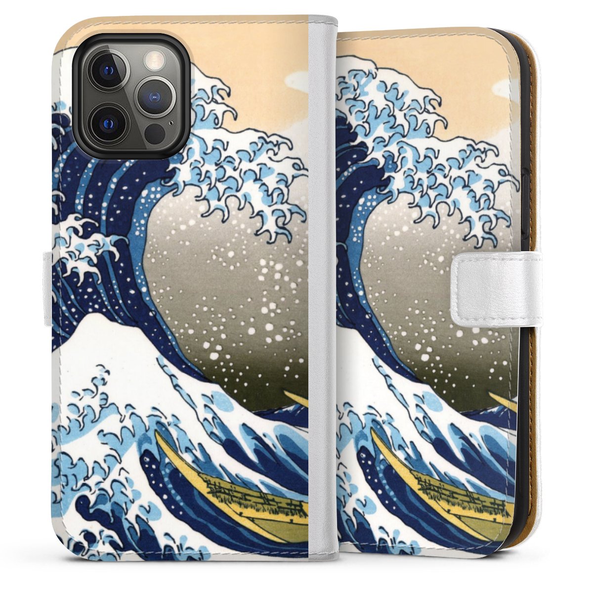 iPhone 12 Pro Max Handy Klapphülle Handyhülle aus Kunst Leder weiß Flip Case Die Große Welle Vor Kanagawa Kunst Katsushika Hokusai Sideflip mit Lasche