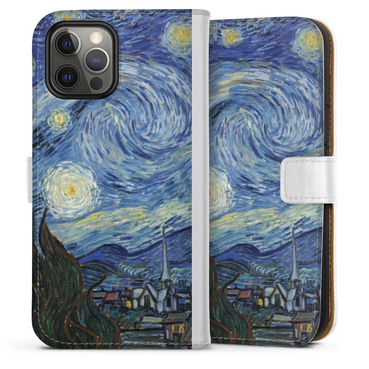 iPhone 12 Pro Max Handy Klapphülle Handyhülle aus Kunst Leder weiß Flip Case Vincent Van Gogh The Starry Night Kunst Sideflip mit Lasche