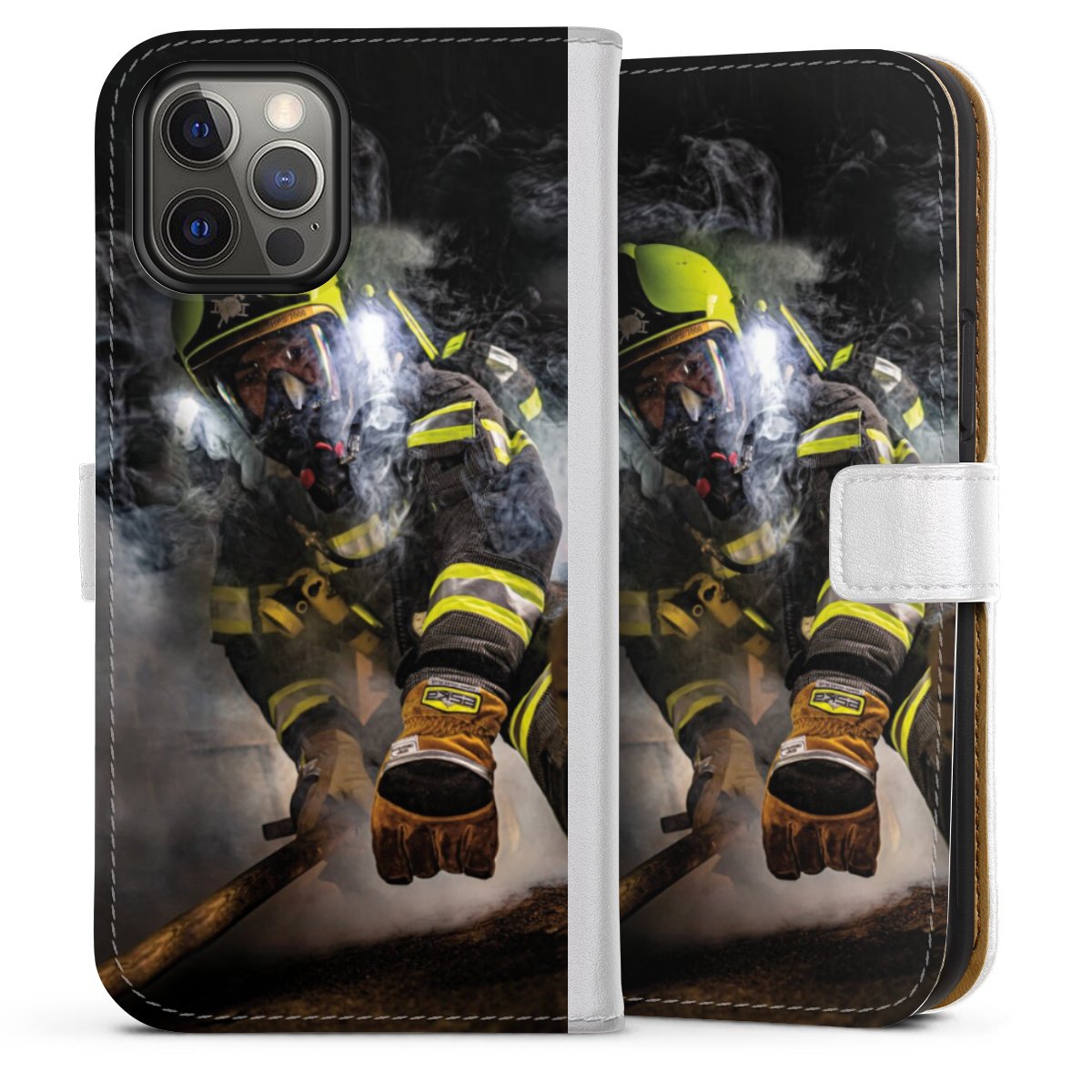 iPhone 12 Pro Max Handy Klapphülle Handyhülle aus Kunst Leder weiß Flip Case Fire Fire Fighter Fire Fighters Sideflip mit Lasche