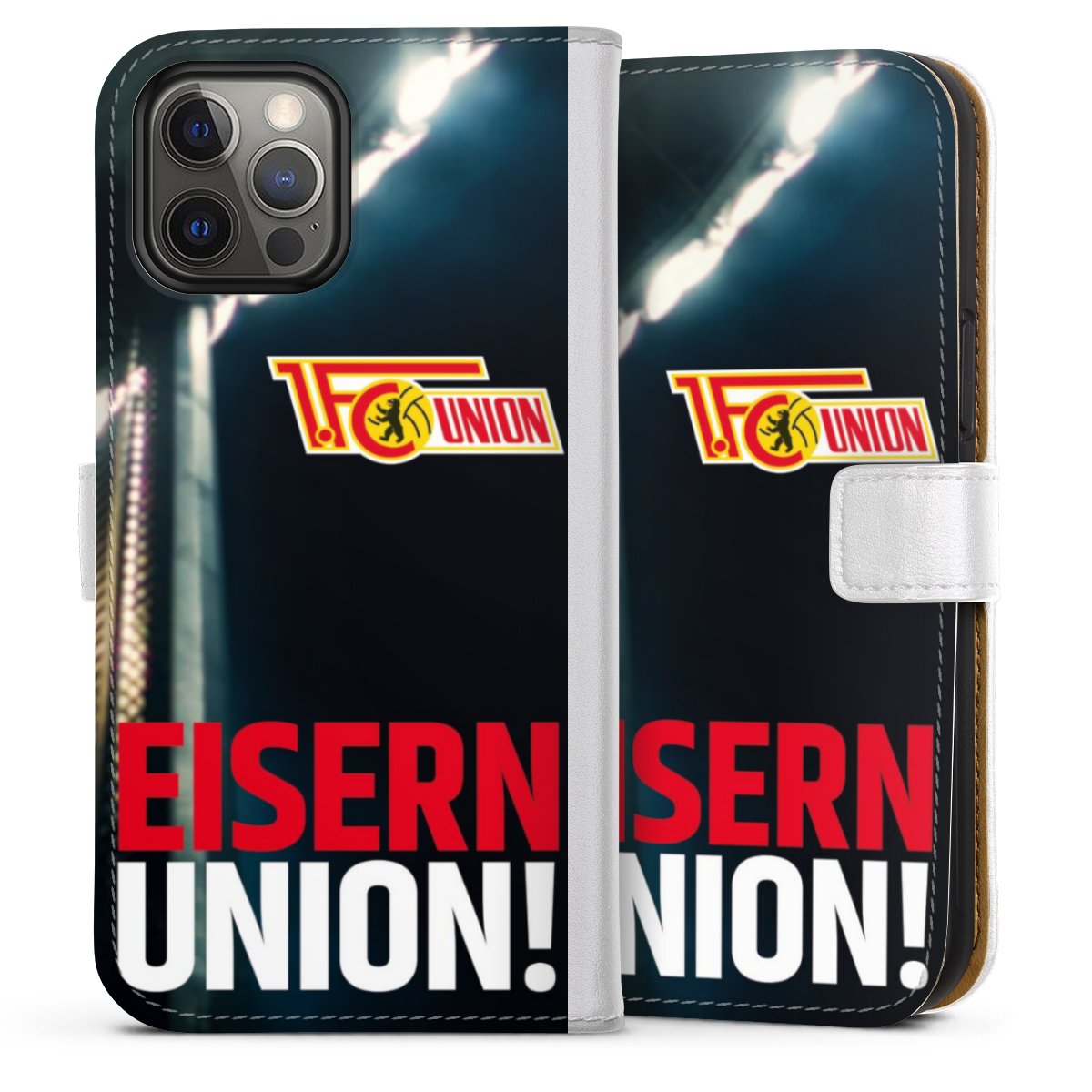iPhone 12 Pro Max Handy Klapphülle Handyhülle aus Kunst Leder weiß Flip Case 1. Fc Union Berlin Merchandise Soccer Sideflip mit Lasche