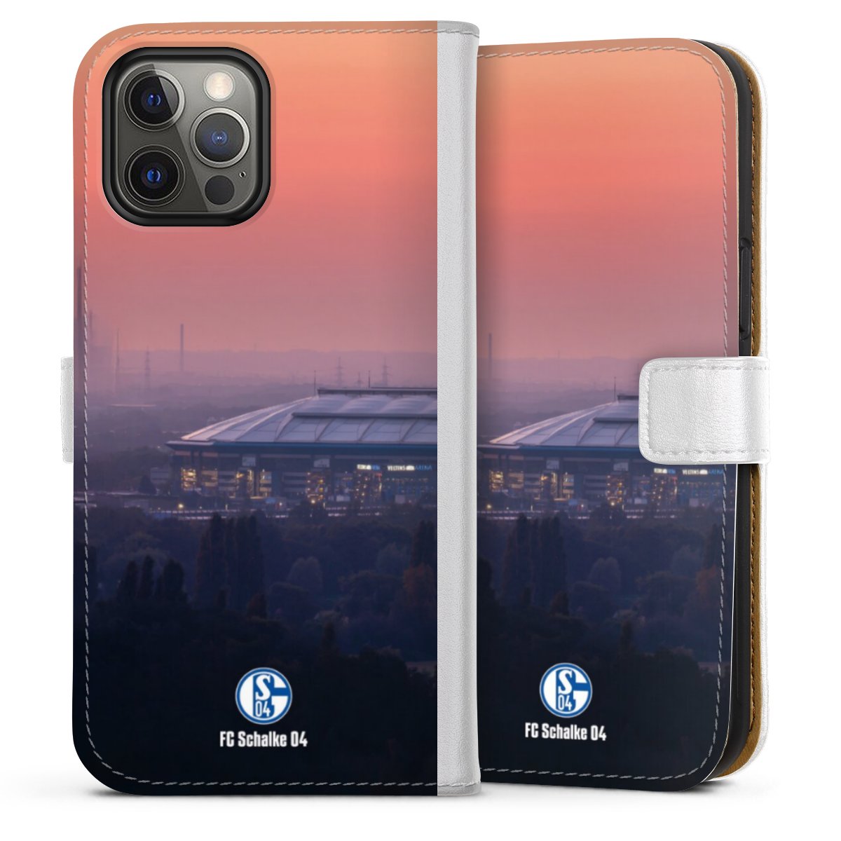 iPhone 12 Pro Max Handy Klapphülle Handyhülle aus Kunst Leder weiß Flip Case Schalke 04 Fc Schalke 04 Stadium Sideflip mit Lasche