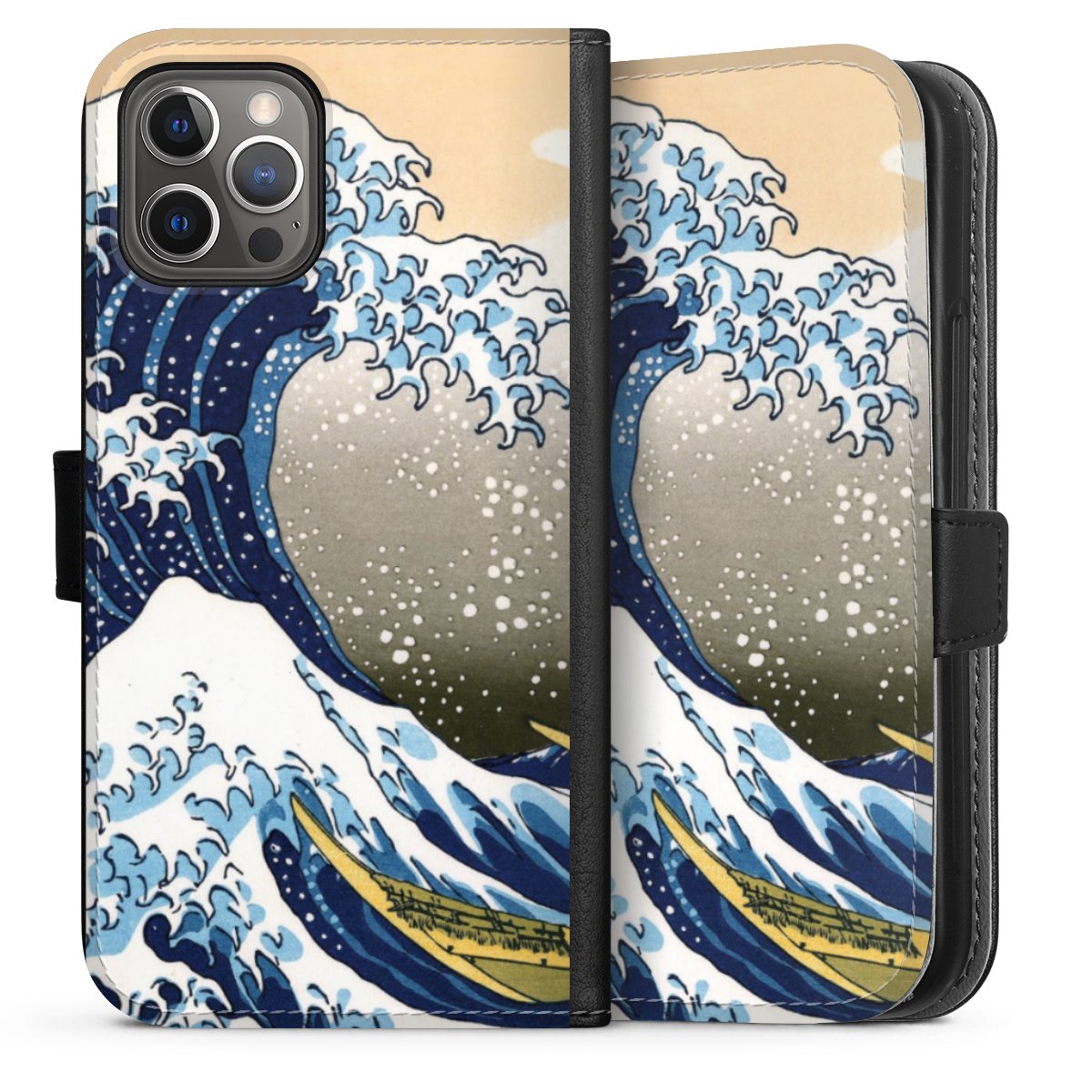 iPhone 12 Pro Handy Klapphülle Handyhülle aus Kunst Leder schwarz Flip Case Die Große Welle Vor Kanagawa Kunst Katsushika Hokusai Sideflip mit langer Lasche