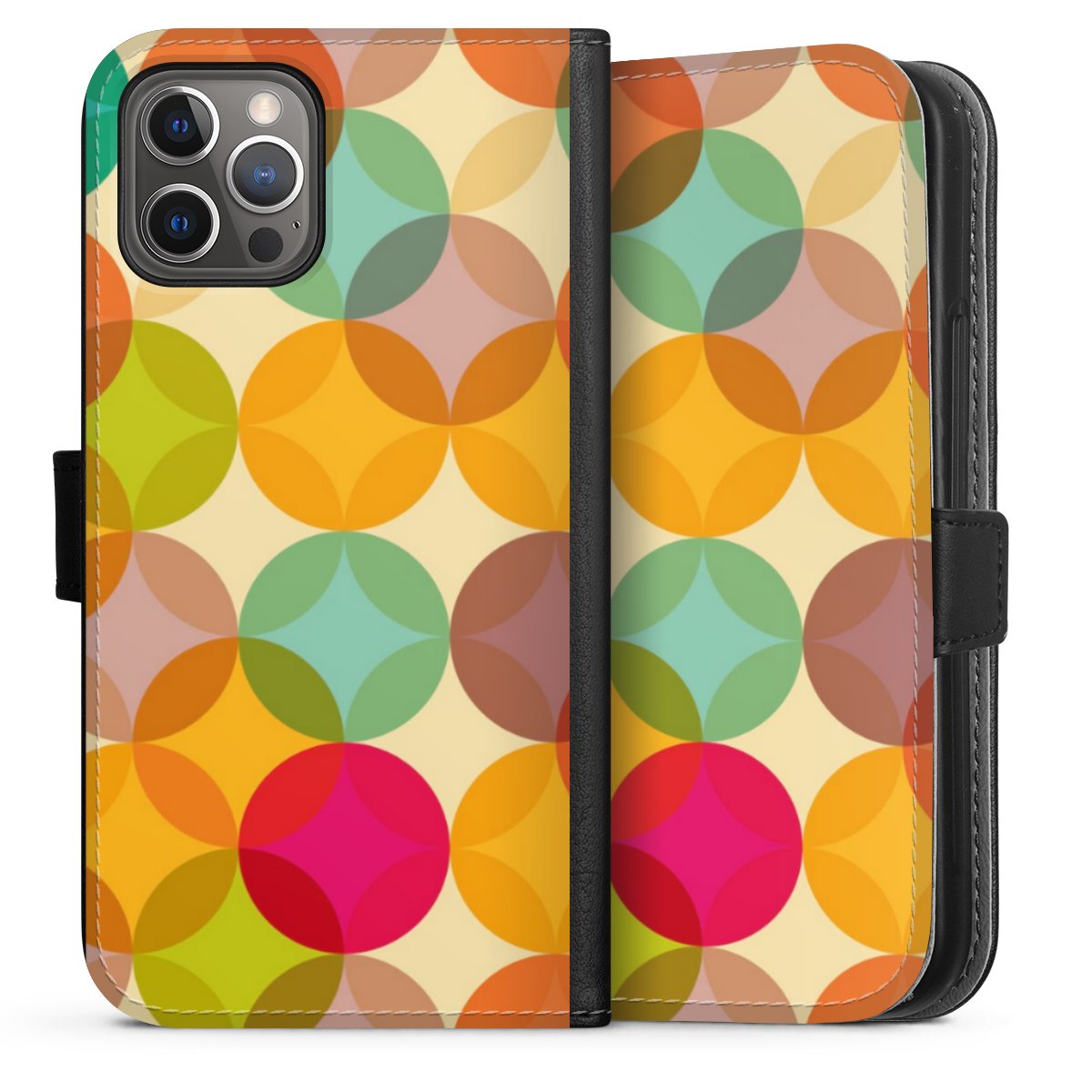 iPhone 12 Pro Handy Klapphülle Handyhülle aus Kunst Leder schwarz Flip Case Art Circle Kunst Sideflip mit langer Lasche