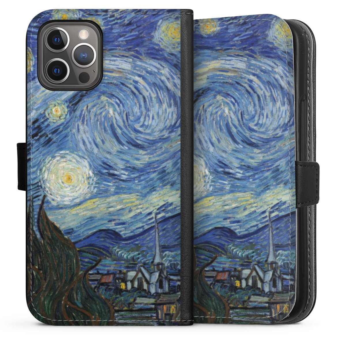 iPhone 12 Pro Handy Klapphülle Handyhülle aus Kunst Leder schwarz Flip Case Vincent Van Gogh The Starry Night Kunst Sideflip mit langer Lasche