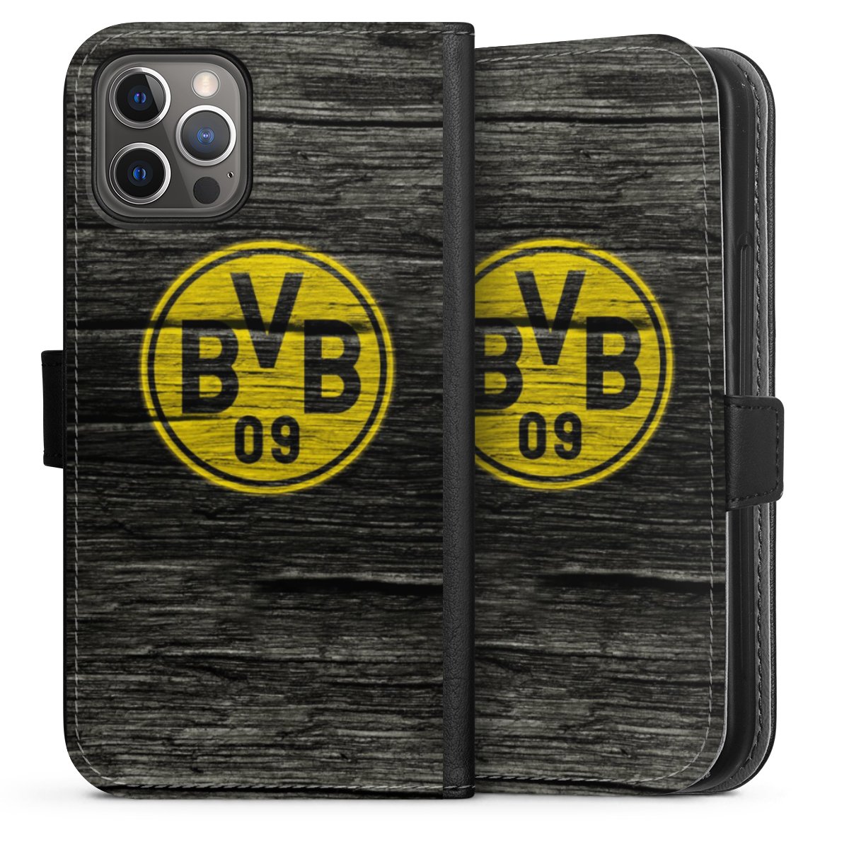 iPhone 12 Pro Handy Klapphülle Handyhülle aus Kunst Leder schwarz Flip Case Wooden Look Borussia Dortmund Bvb Sideflip mit langer Lasche