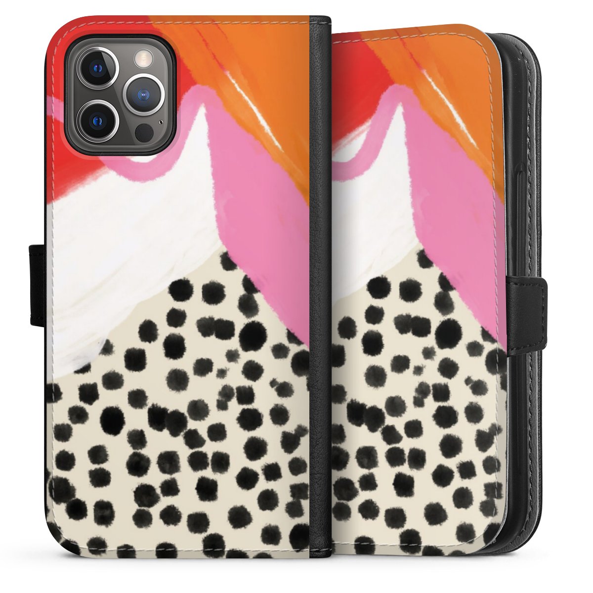 iPhone 12 Pro Handy Klapphülle Handyhülle aus Kunst Leder schwarz Flip Case Kunst Abstract Art Sideflip mit langer Lasche