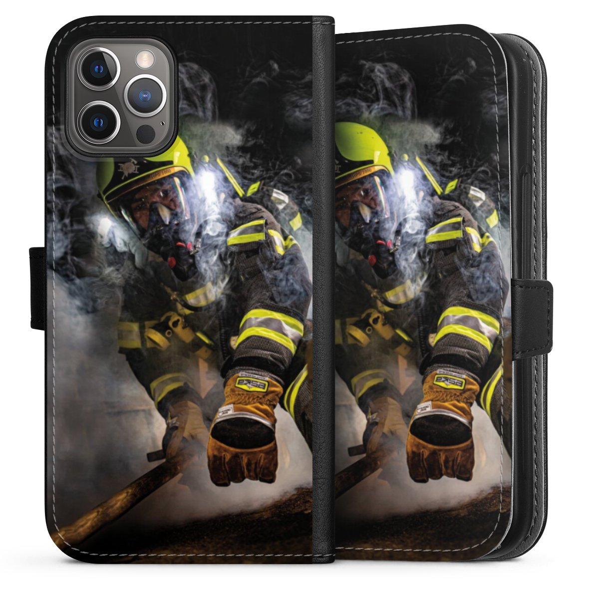 iPhone 12 Pro Handy Klapphülle Handyhülle aus Kunst Leder schwarz Flip Case Fire Fire Fighter Fire Fighters Sideflip mit langer Lasche