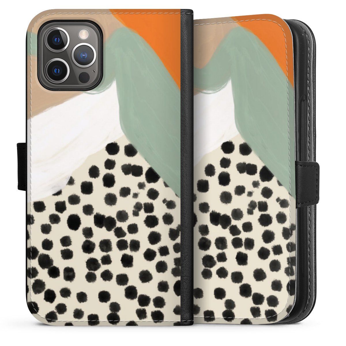 iPhone 12 Pro Handy Klapphülle Handyhülle aus Kunst Leder schwarz Flip Case Kunst Boho Abstract Sideflip mit langer Lasche
