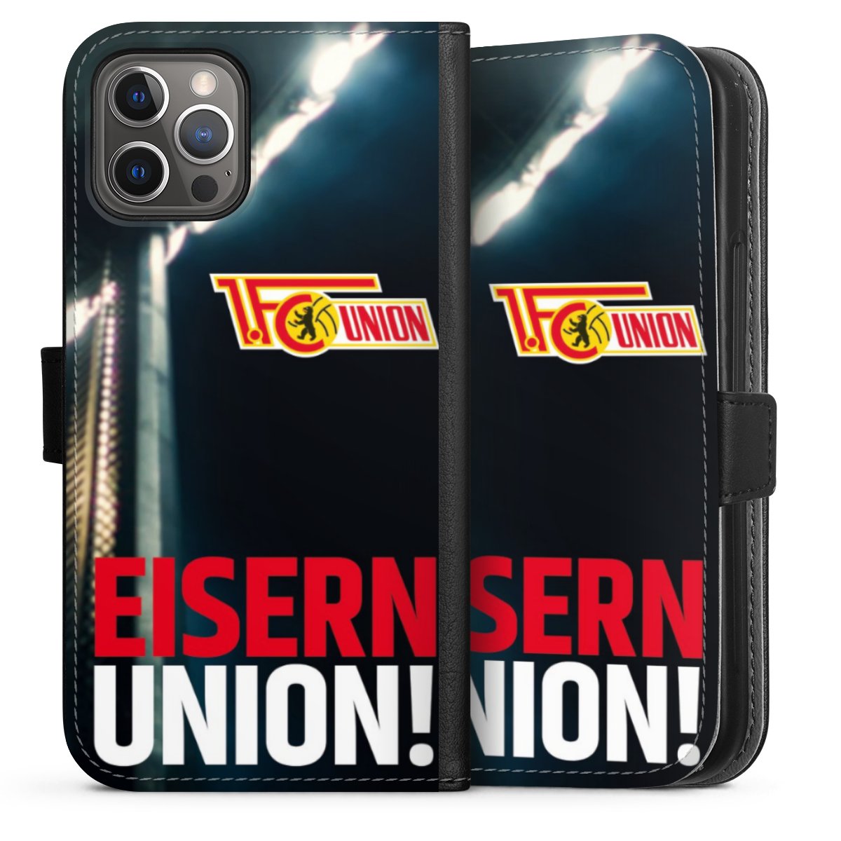 iPhone 12 Pro Handy Klapphülle Handyhülle aus Kunst Leder schwarz Flip Case 1. Fc Union Berlin Merchandise Soccer Sideflip mit langer Lasche