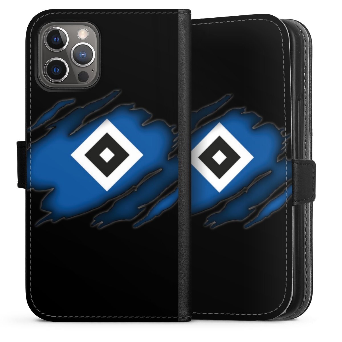 iPhone 12 Pro Handy Klapphülle Handyhülle aus Kunst Leder schwarz Flip Case Hsv Official Licensed Product Hamburger Sv Sideflip mit langer Lasche